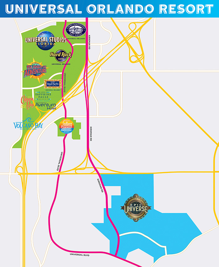 Map showing location of Epic Universe theme park